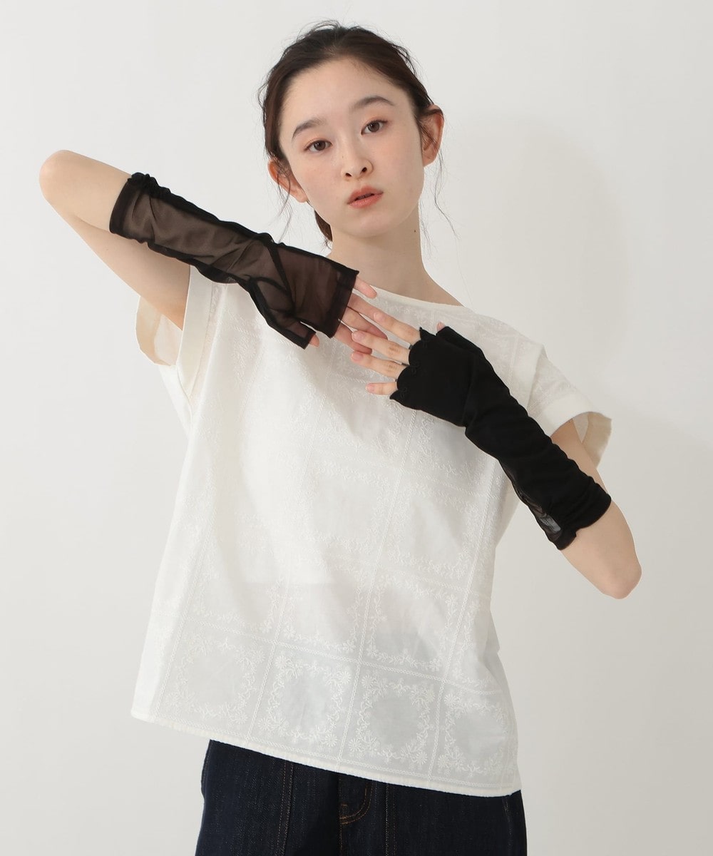 グローブ・手袋 【UVカット 接触冷感 内側メッシュ】スカラップリボン刺繍 ショートアームカバー