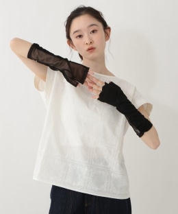 【UVカット 接触冷感 内側メッシュ】スカラップリボン刺繍 ショートアームカバー